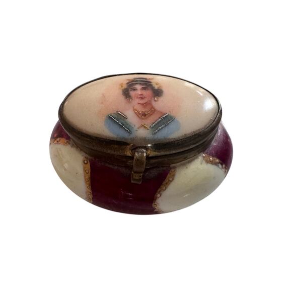 Antique Porcelain Trinket Jar w/ Lady Portrait – Hinged Lid Victorian Box - Picture 1 of 6